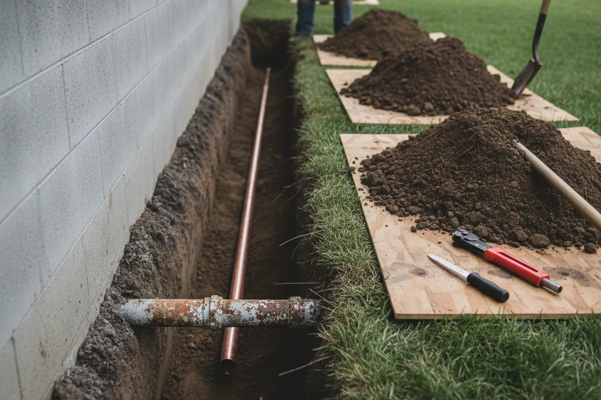 Excavated water line trench during Water Heater Repair in Oolitic